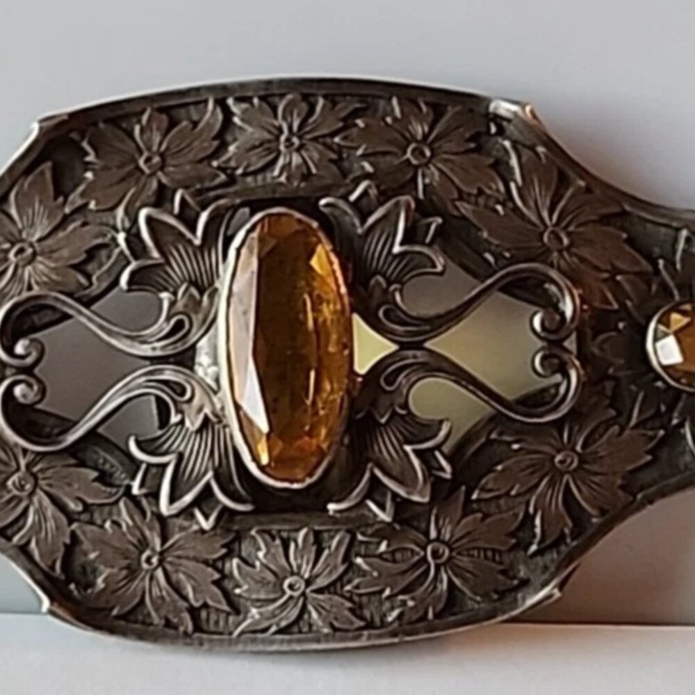 Antique Victorian Amber Glass Stone Sash Belt Buckle Ornate Floral Design